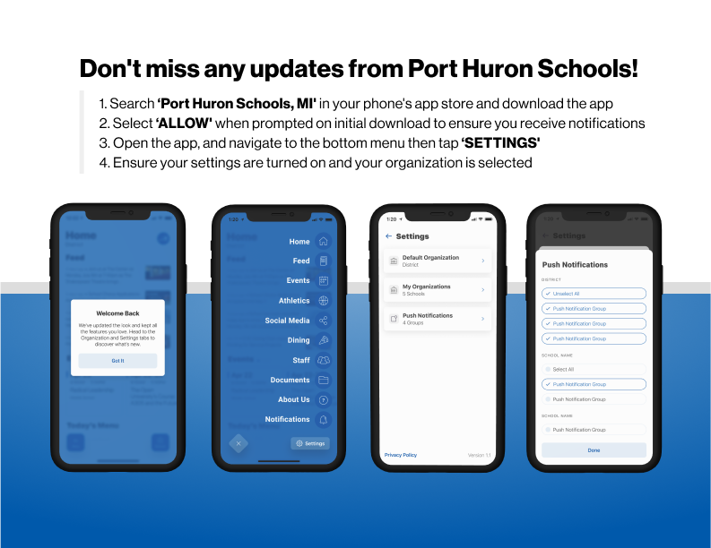 Instructions for downloading  Port Huron Schools app