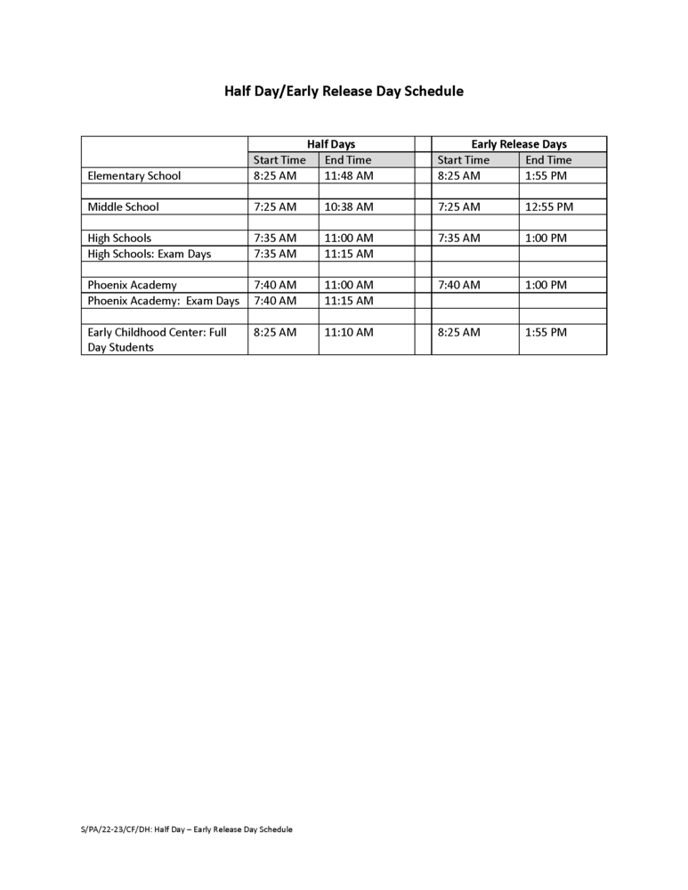 Half Day Early Release Day Schedule Port Huron Area School District