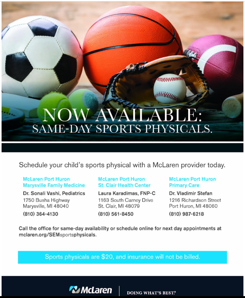 Flyer for sports physicals with McLaren PH